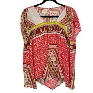 Farm Rio Red & Tan Seashell Print Handkerchief Blouse Womens S Top Boho Shirt